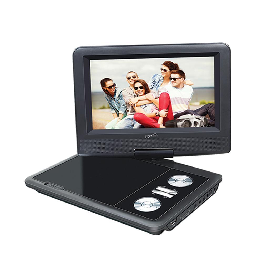 7-inch portable DVD player with swivel display, USB and SD inputs, and built-in digital TV tuners, perfect for on-the-go entertainment.