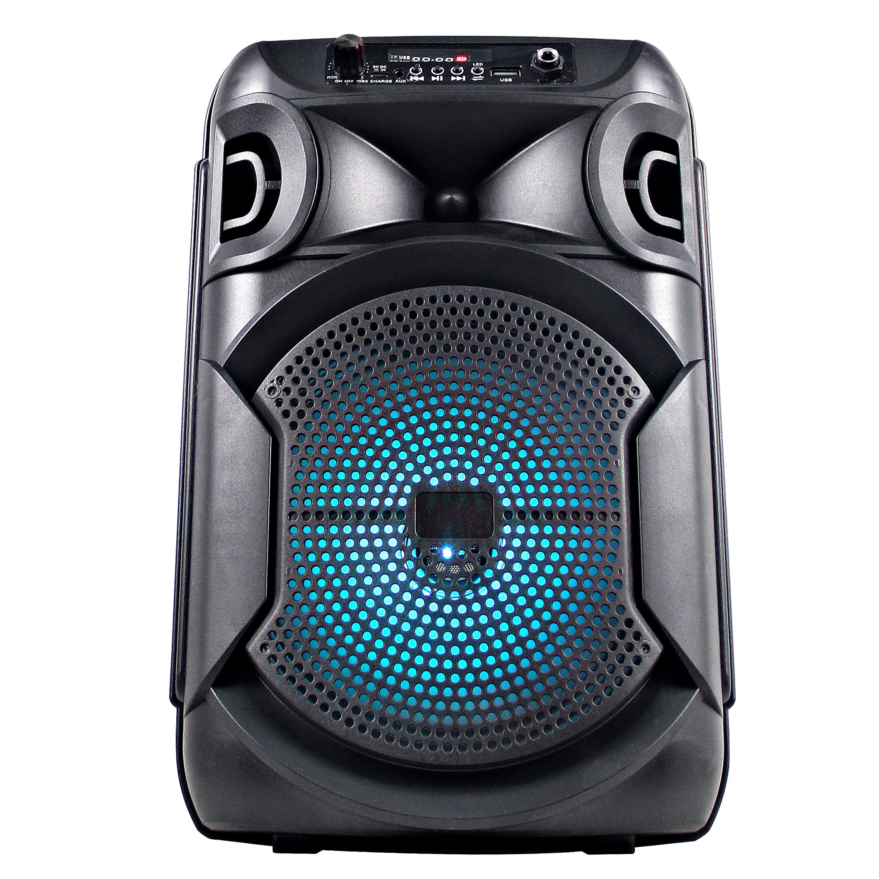 8-inch portable Bluetooth speaker with true wireless technology, featuring a sleek design and LED display.