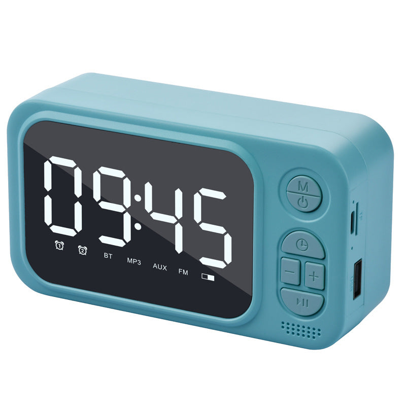 Portable Alarm Clock Bluetooth Speaker with USB and card insertion features, designed for outdoor use.