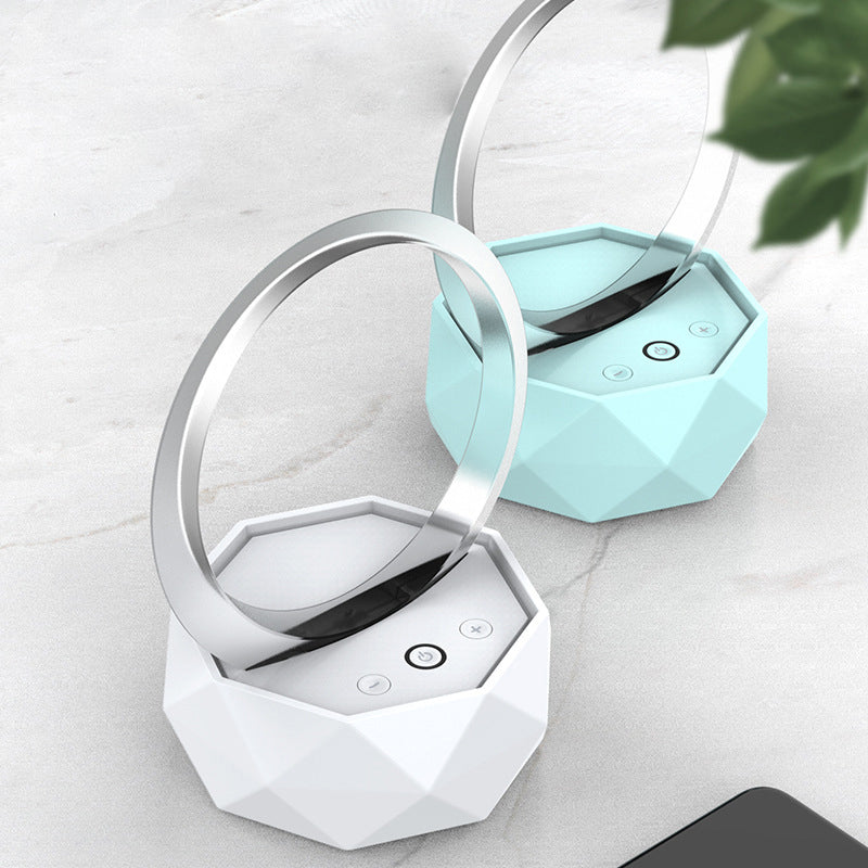 Bedside Bluetooth Speaker with 6D surround sound and colorful light features, available in white, pink, and blue.