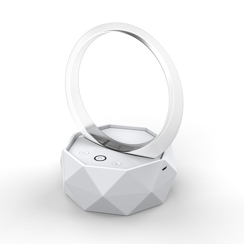 Bedside Bluetooth Speaker with 6D surround sound and colorful light features, available in white, pink, and blue.