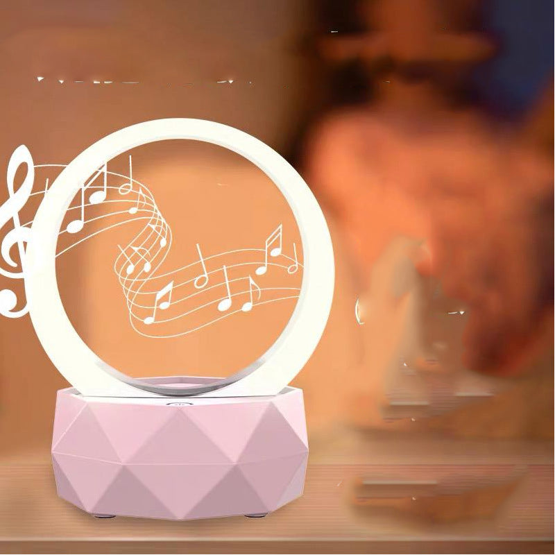 Bedside Bluetooth Speaker with 6D surround sound and colorful light features, available in white, pink, and blue.