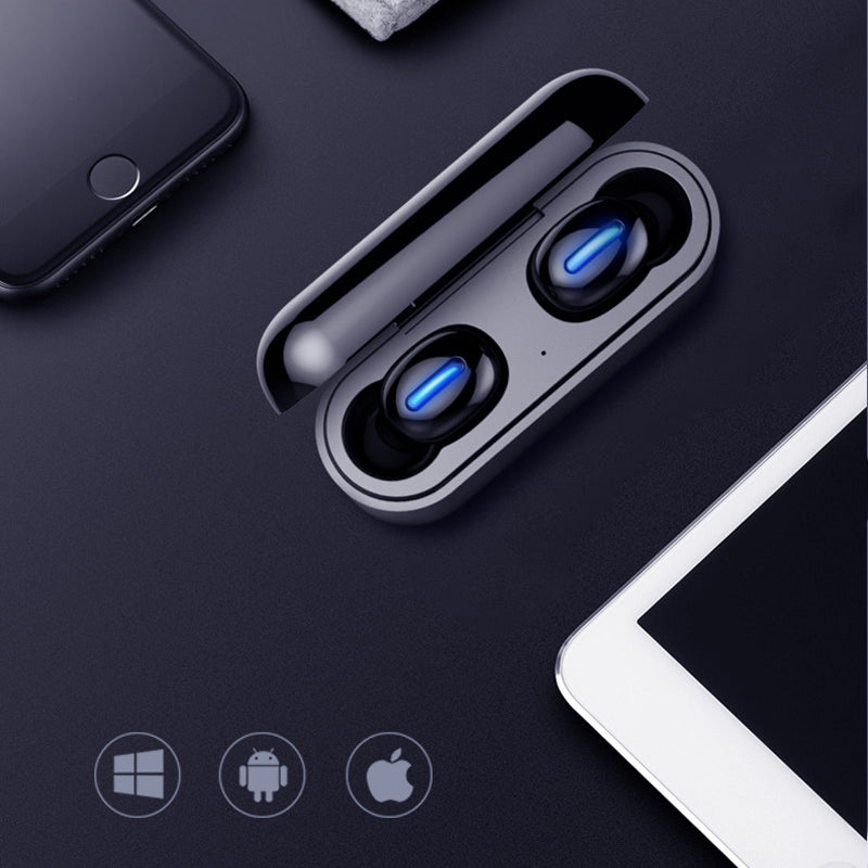 Binaural Mini Bluetooth Headset showcasing sleek design and compact charging case.