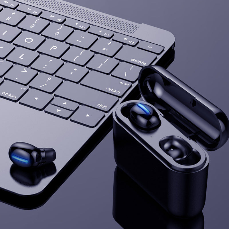 Binaural Mini Bluetooth Headset showcasing sleek design and compact charging case.