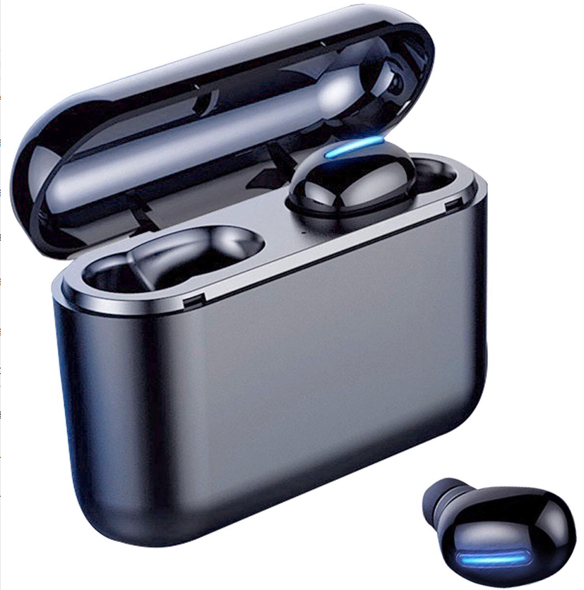 Binaural Mini Bluetooth Headset showcasing sleek design and compact charging case.