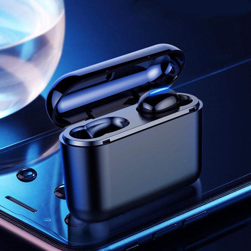 Binaural Mini Bluetooth Headset showcasing sleek design and compact charging case.