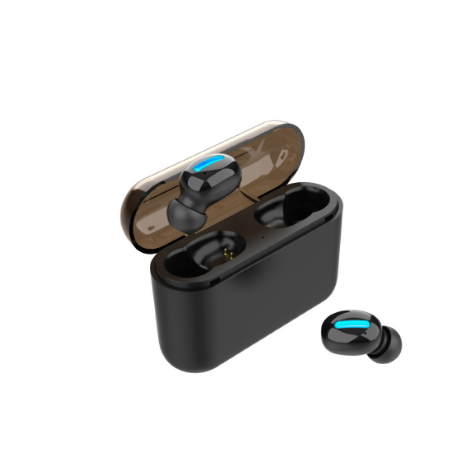 Binaural Mini Bluetooth Headset showcasing sleek design and compact charging case.