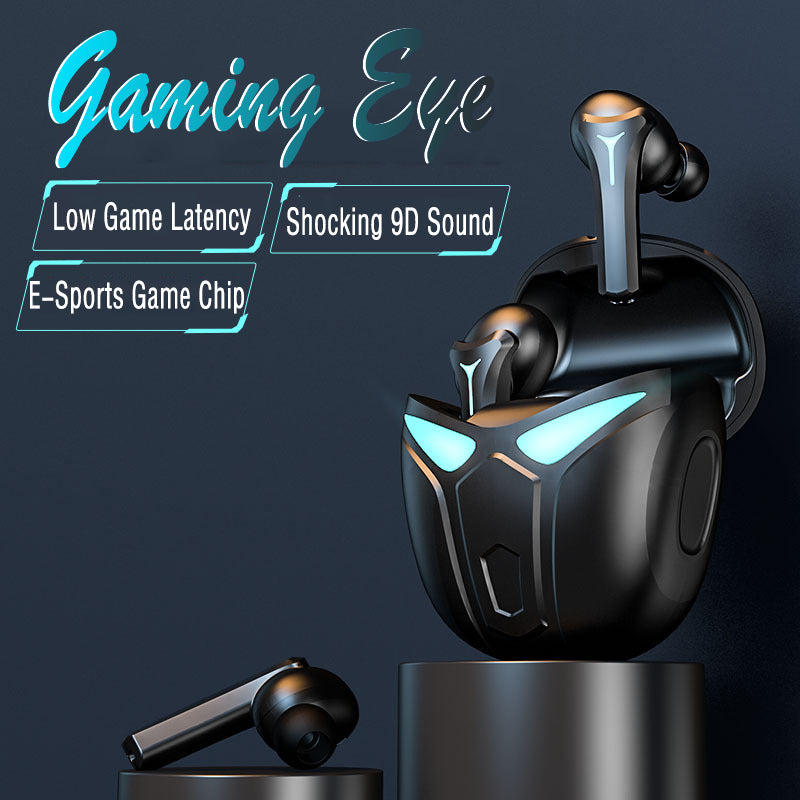 Bluetooth 5.0 headphones in black with a charging case, showcasing a sleek design and touch control features.