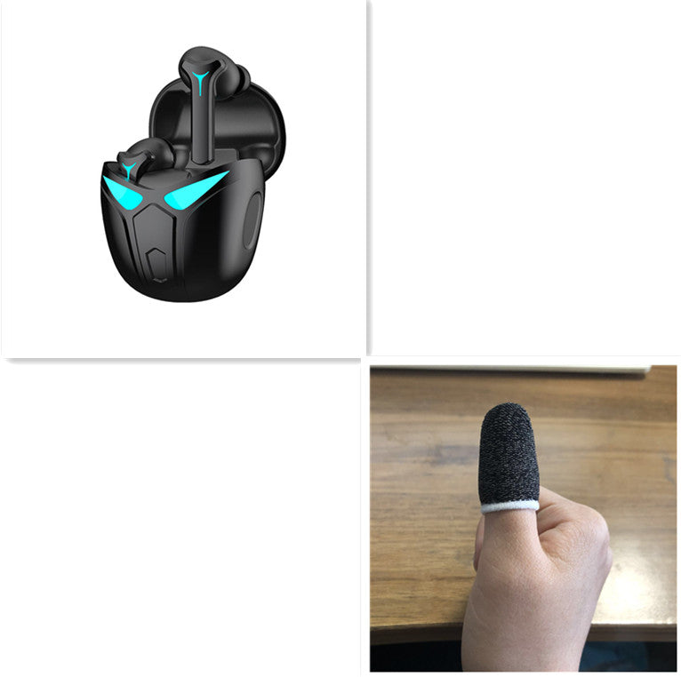 Bluetooth 5.0 headphones in black with a charging case, showcasing a sleek design and touch control features.