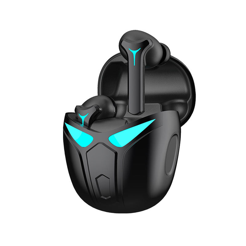 Bluetooth 5.0 headphones in black with a charging case, showcasing a sleek design and touch control features.