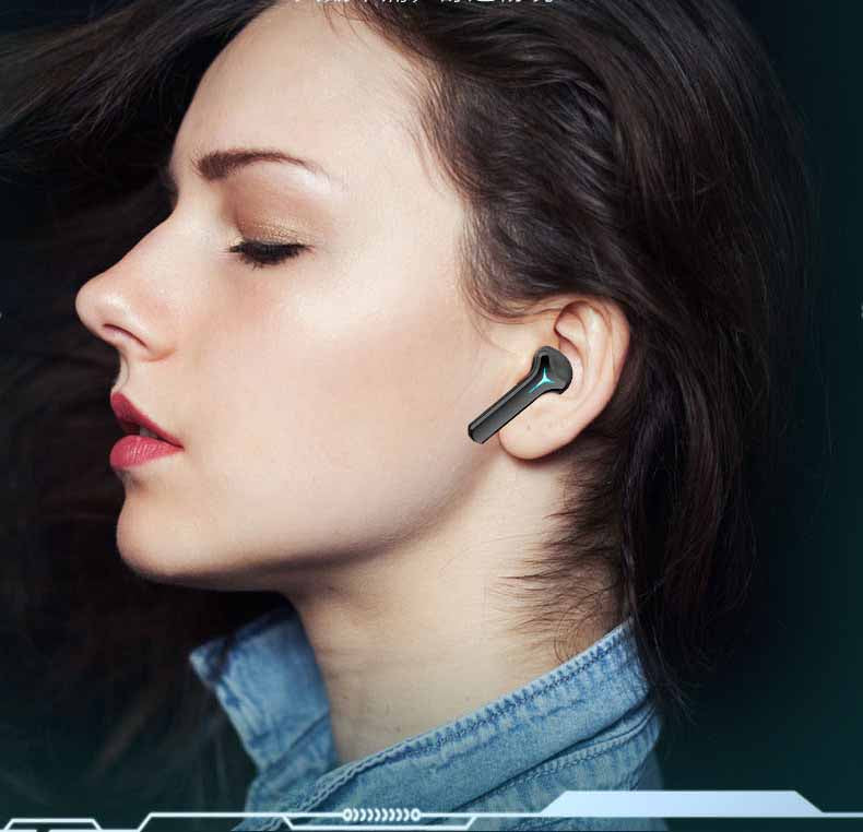 Bluetooth 5.0 headphones in black with a charging case, showcasing a sleek design and touch control features.