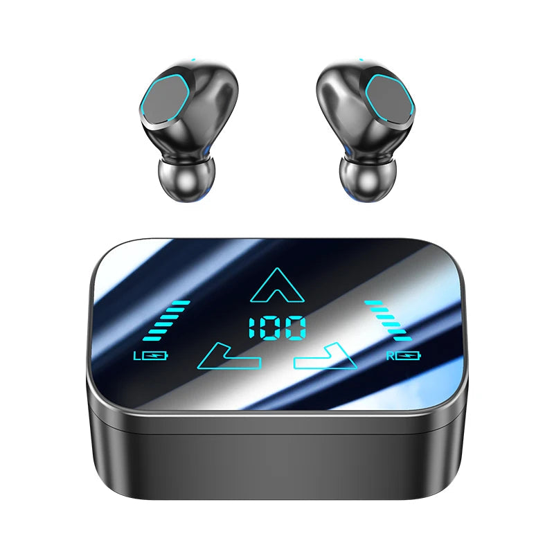 Wireless Bluetooth earphones with a sleek design, showcasing the in-ear buds and charging case, ideal for immersive sound experiences.