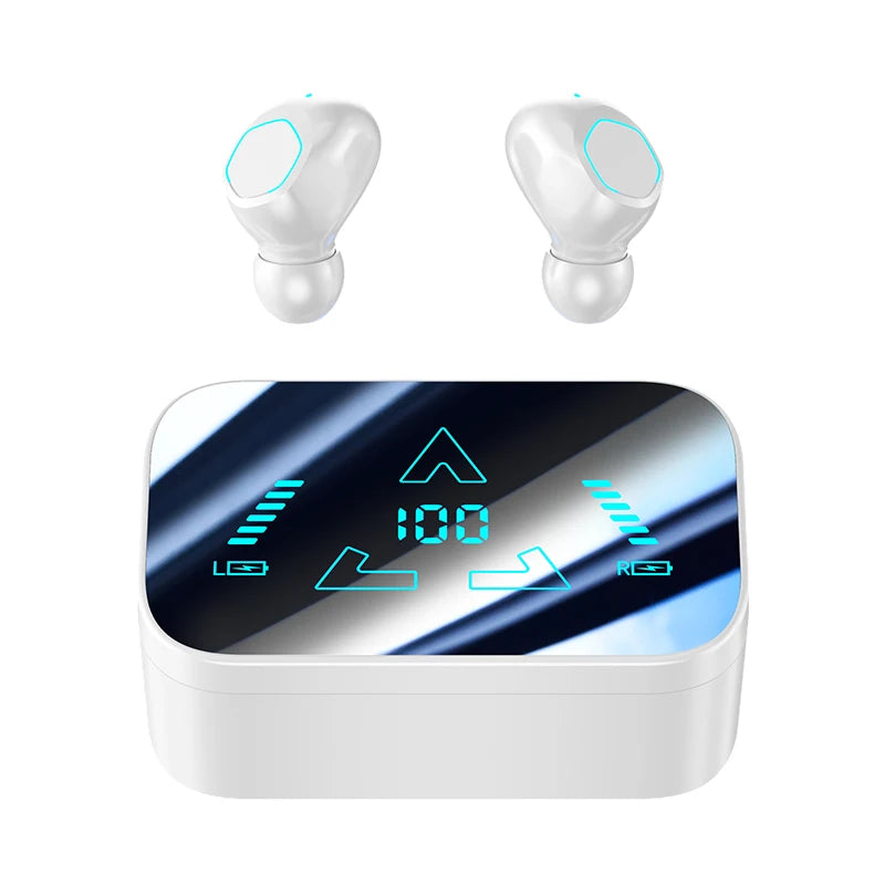 Wireless Bluetooth earphones with a sleek design, showcasing the in-ear buds and charging case, ideal for immersive sound experiences.