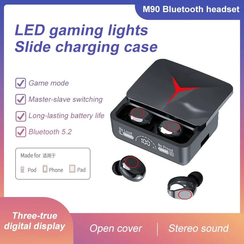 Bluetooth earphones with sliding cover and LED charging case, designed for gaming and sports, showcasing sleek design and advanced features.
