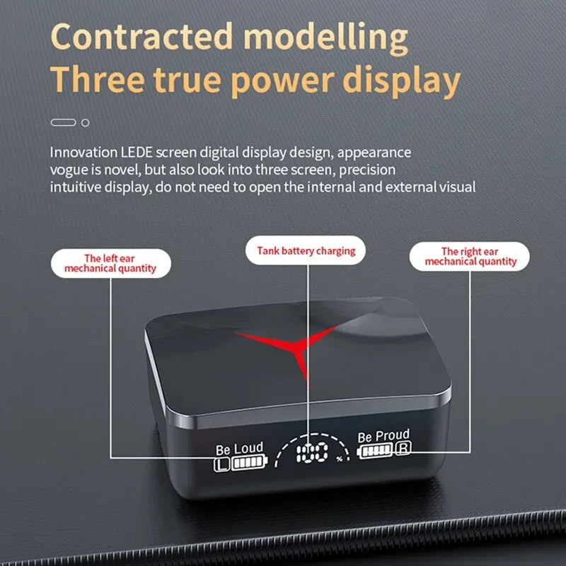 Bluetooth earphones with sliding cover and LED charging case, designed for gaming and sports, showcasing sleek design and advanced features.