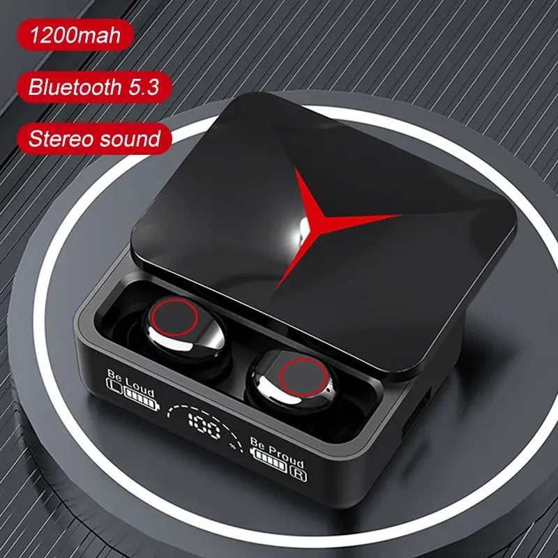 Bluetooth earphones with sliding cover and LED charging case, designed for gaming and sports, showcasing sleek design and advanced features.
