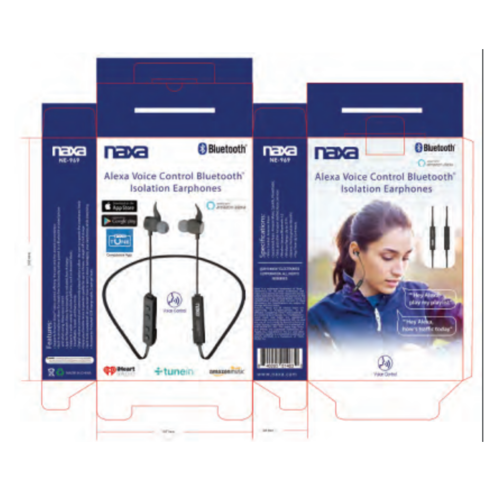 Bluetooth Isolation Earphones with Amazon Alexa Voice Control, featuring a sleek design and gel earbuds for comfort.