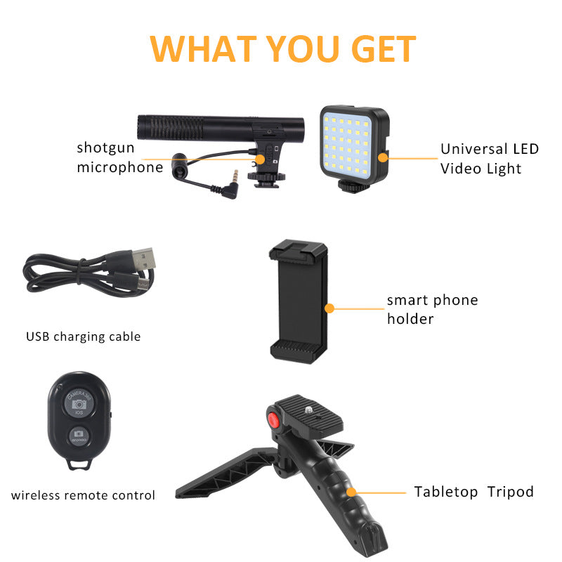 Camera Accessories with Desktop Tripod Light, featuring a black tripod head set and condenser microphone for enhanced photography and videography.