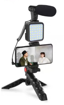 Camera Accessories with Desktop Tripod Light, featuring a black tripod head set and condenser microphone for enhanced photography and videography.