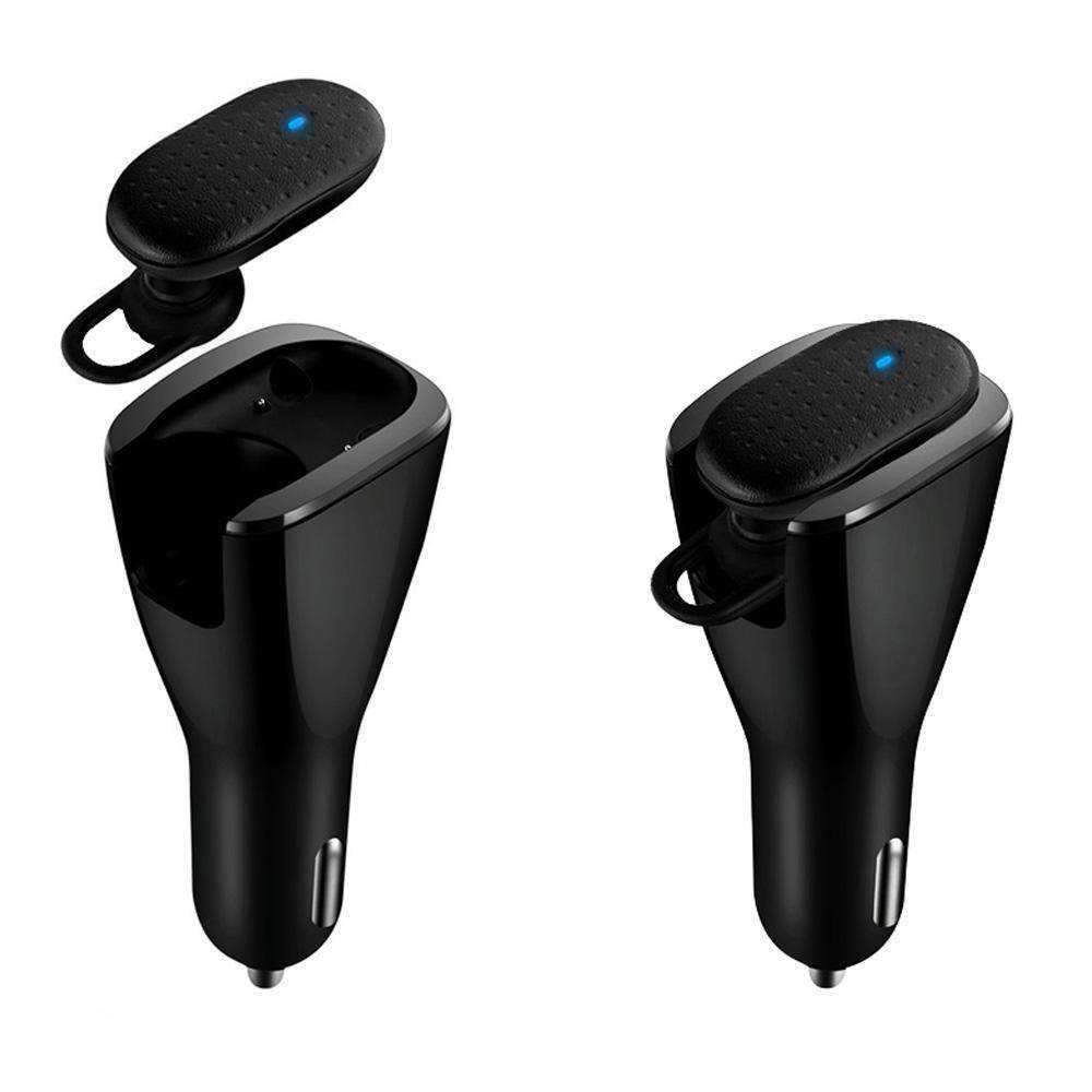 CBH-05 Bluetooth headset with dual USB car charger, showcasing sleek design and functionality for hands-free calls and device charging.
