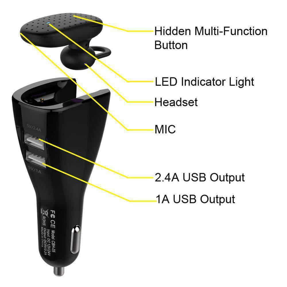 CBH-05 Bluetooth headset with dual USB car charger, showcasing sleek design and functionality for hands-free calls and device charging.