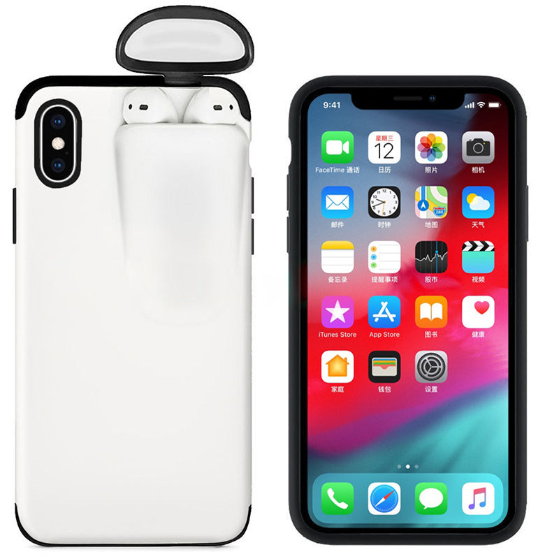 A stylish mobile phone case compatible with various iPhone models, featuring a holder for AirPods, made from durable hard PC material.