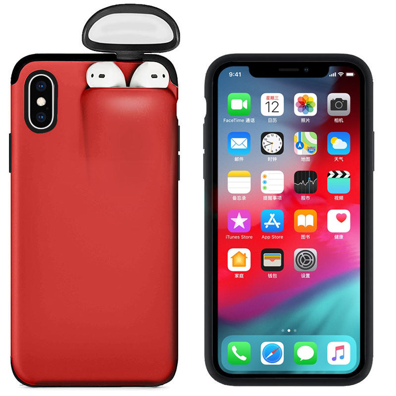 A stylish mobile phone case compatible with various iPhone models, featuring a holder for AirPods, made from durable hard PC material.