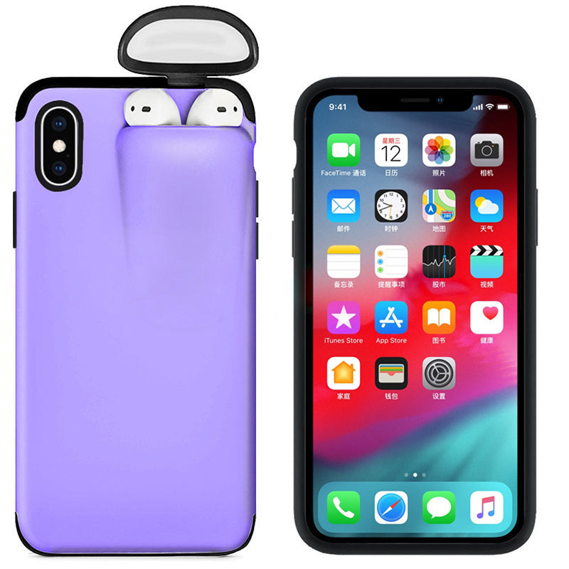 A stylish mobile phone case compatible with various iPhone models, featuring a holder for AirPods, made from durable hard PC material.