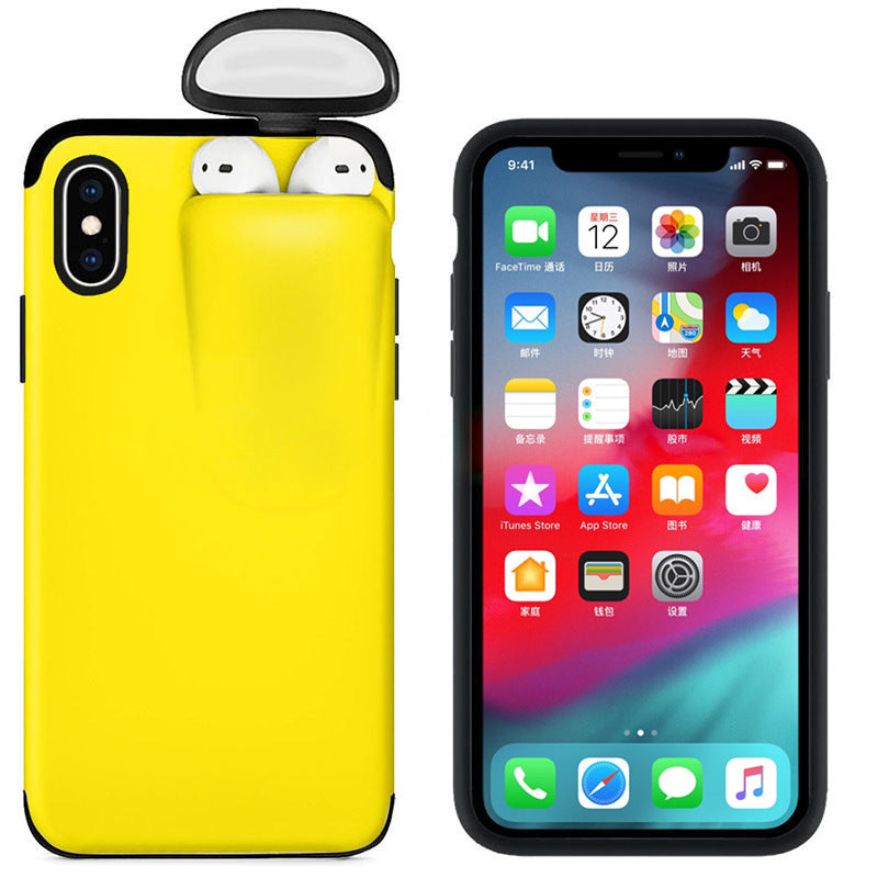 A stylish mobile phone case compatible with various iPhone models, featuring a holder for AirPods, made from durable hard PC material.