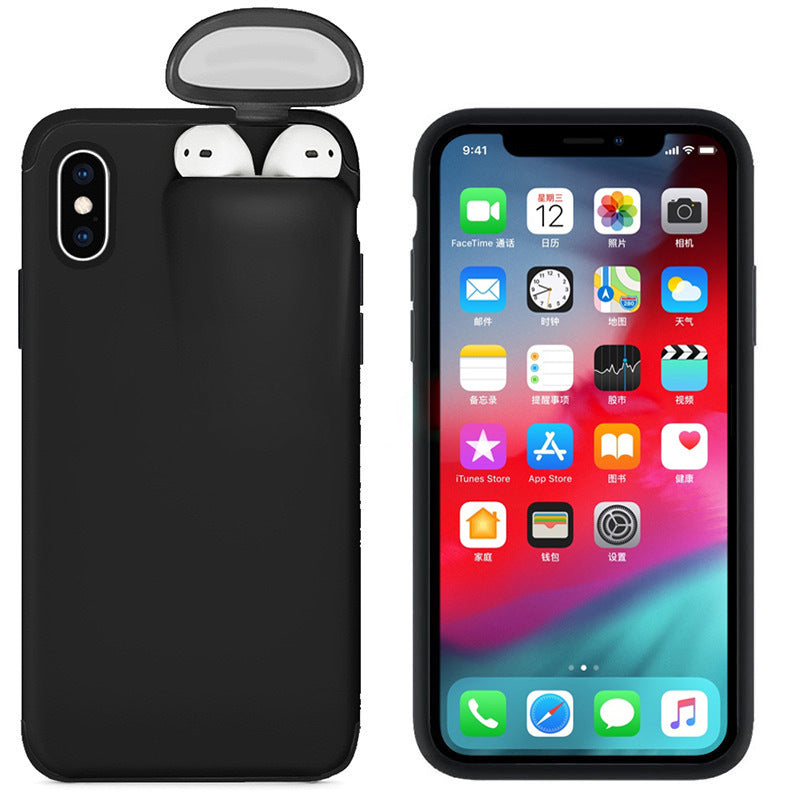 A stylish mobile phone case compatible with various iPhone models, featuring a holder for AirPods, made from durable hard PC material.