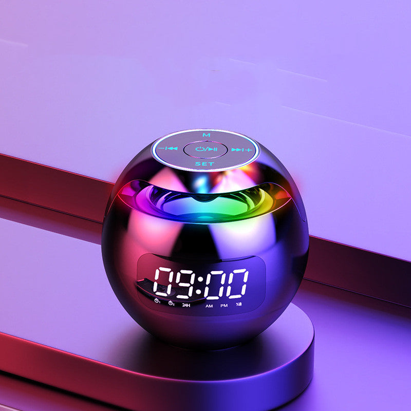 Dazzle Colour Mini Ball Card Bluetooth Speakers with colorful lights and clock display, showcasing a compact design.
