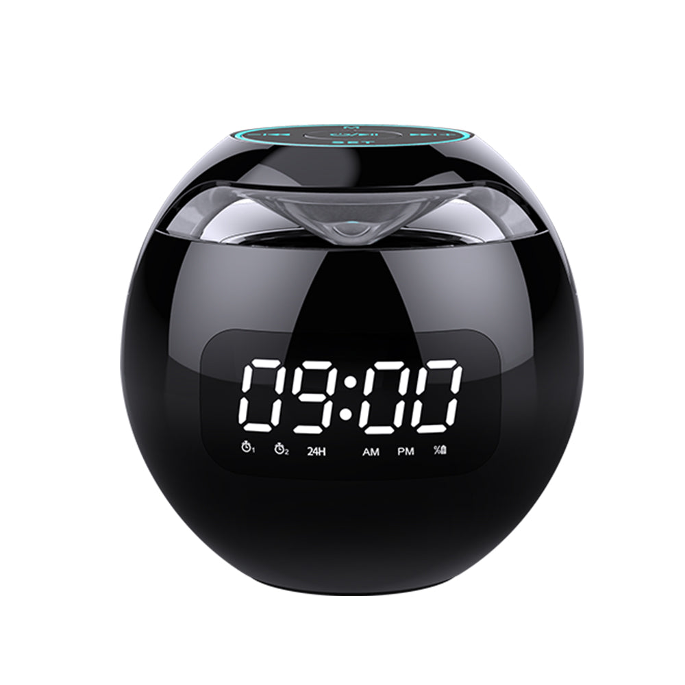 Dazzle Colour Mini Ball Card Bluetooth Speakers with colorful lights and clock display, showcasing a compact design.
