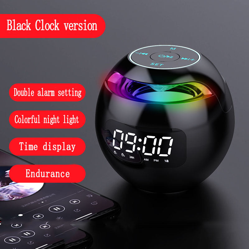 Dazzle Colour Mini Ball Card Bluetooth Speakers with colorful lights and clock display, showcasing a compact design.