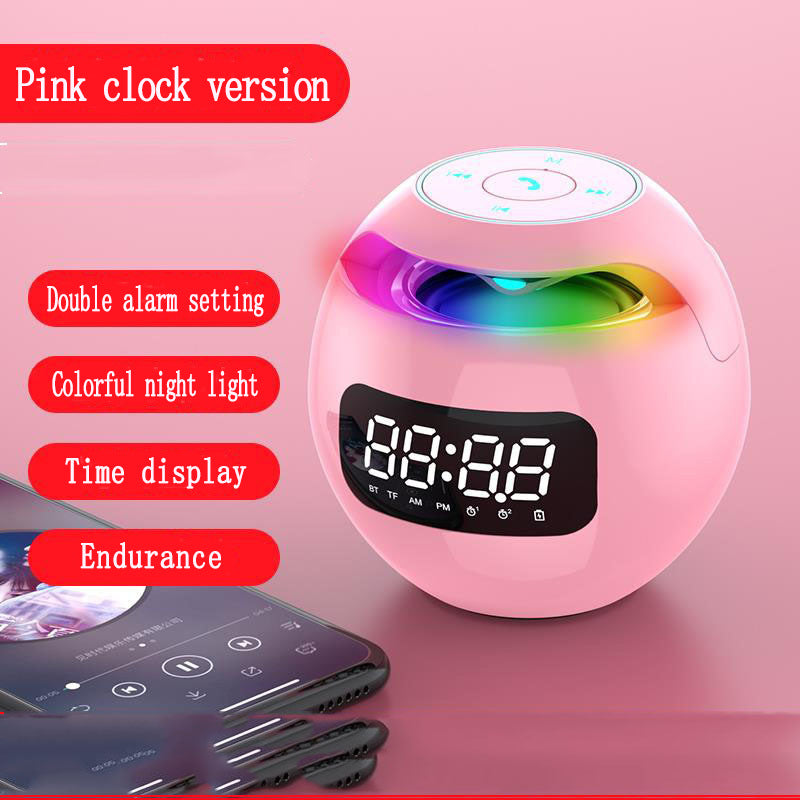 Dazzle Colour Mini Ball Card Bluetooth Speakers with colorful lights and clock display, showcasing a compact design.