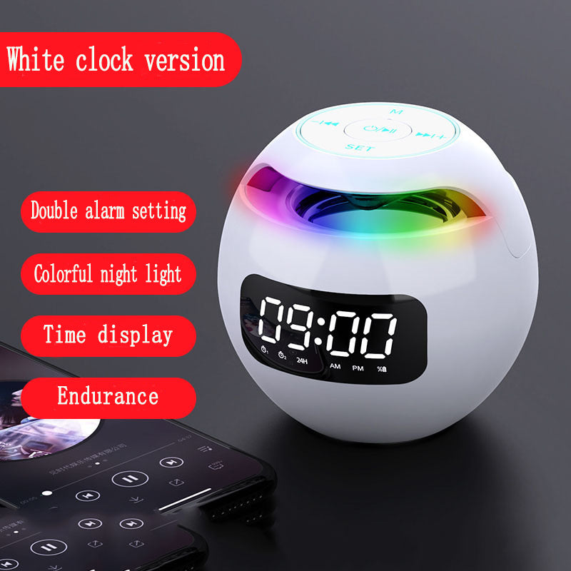 Dazzle Colour Mini Ball Card Bluetooth Speakers with colorful lights and clock display, showcasing a compact design.