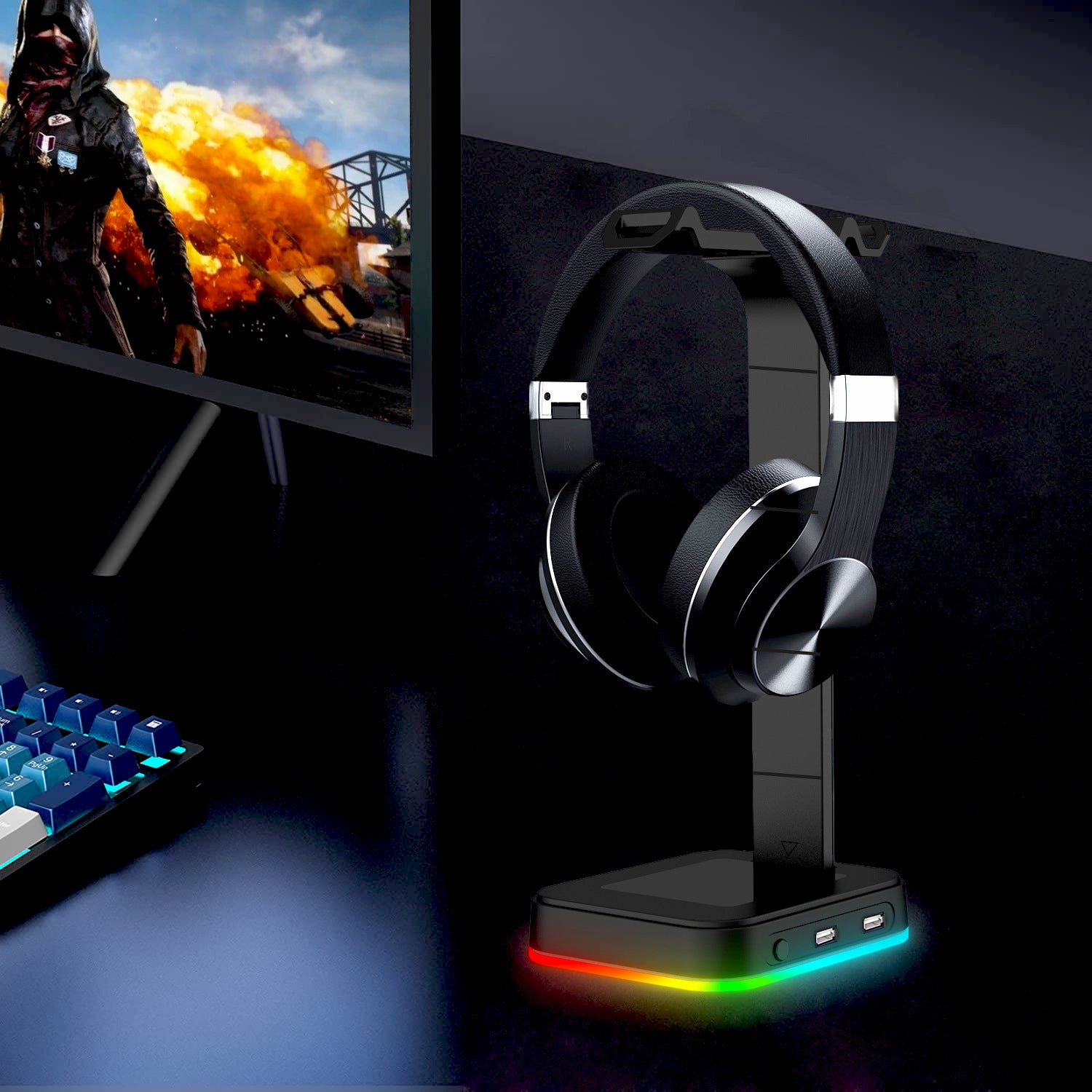 Desktop Gamer 2 In 1 RGB Headphone Stand Power Strip with vibrant RGB lights and USB ports, designed for gamers.