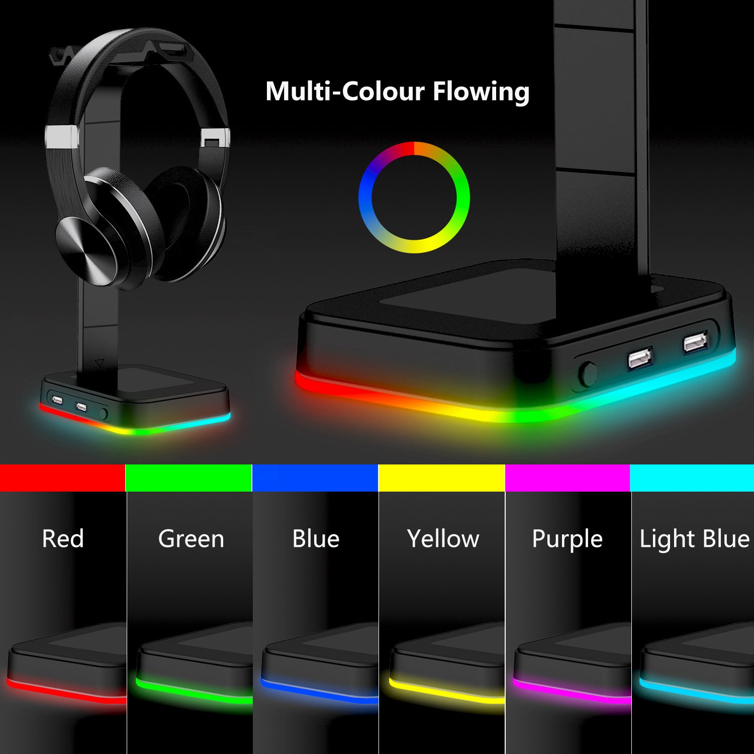 Desktop Gamer 2 In 1 RGB Headphone Stand Power Strip with vibrant RGB lights and USB ports, designed for gamers.