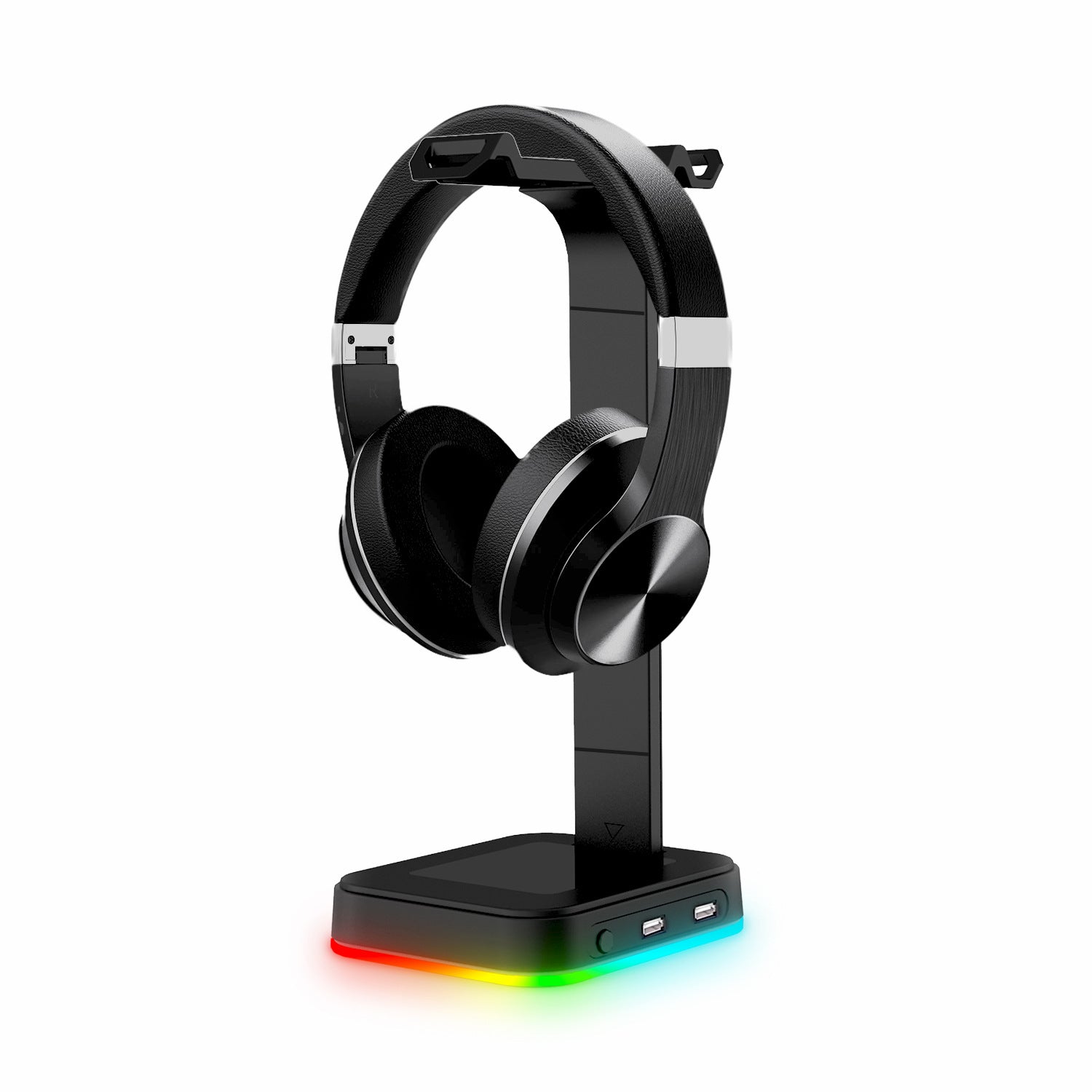 Desktop Gamer 2 In 1 RGB Headphone Stand Power Strip with vibrant RGB lights and USB ports, designed for gamers.