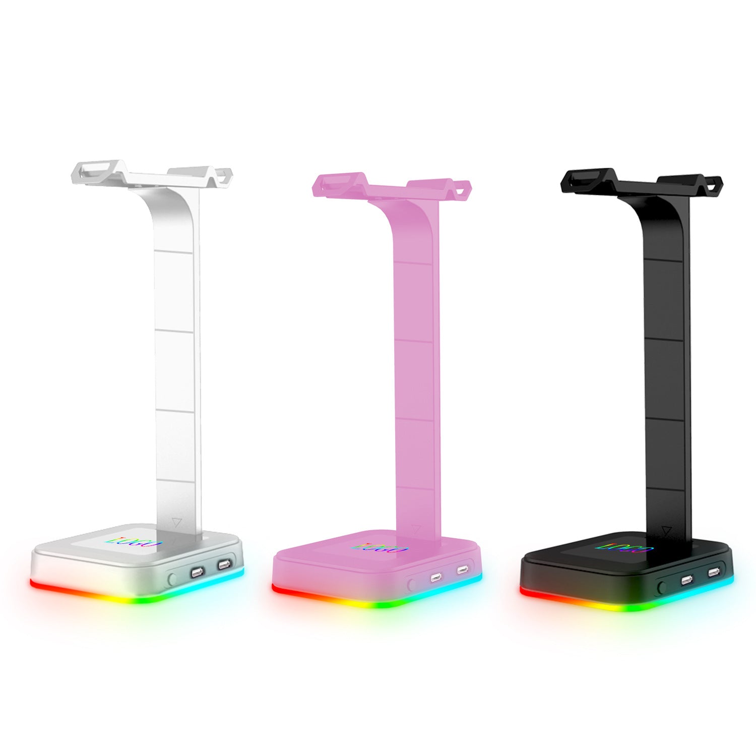 Desktop Gamer 2 In 1 RGB Headphone Stand Power Strip with vibrant RGB lights and USB ports, designed for gamers.