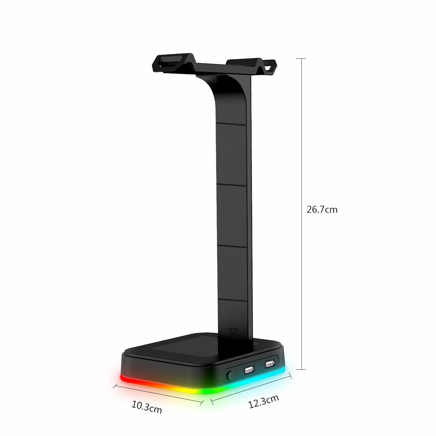 Desktop Gamer 2 In 1 RGB Headphone Stand Power Strip with vibrant RGB lights and USB ports, designed for gamers.