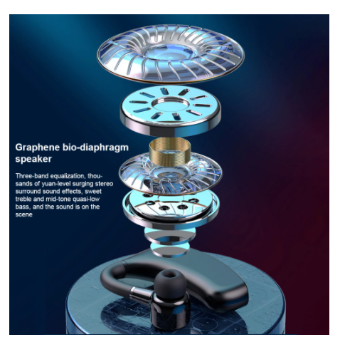 Digital Display Business Earphone with Charging Compartment showcasing sleek design and accessories.