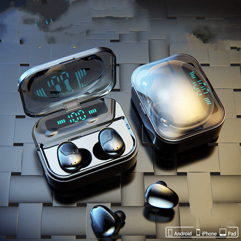 Digital Stereo Sports In-Ear Bluetooth Headphones in charging case, showcasing sleek design and modern technology.