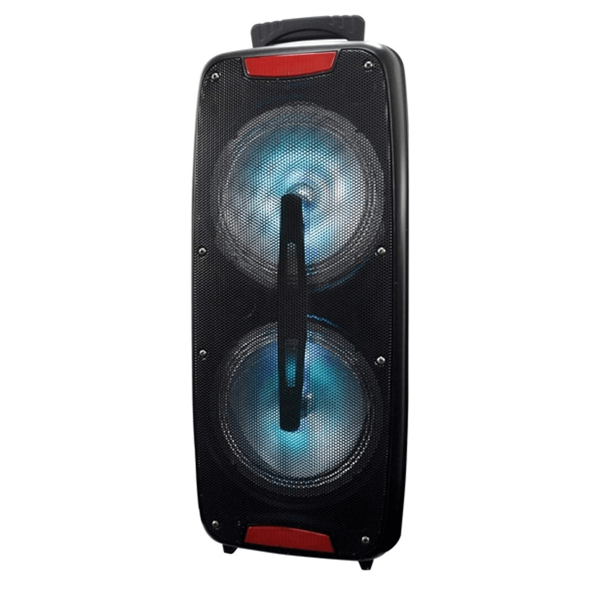 Dual 8-inch Bluetooth speaker with LED display and remote control, showcasing its sleek design and features.