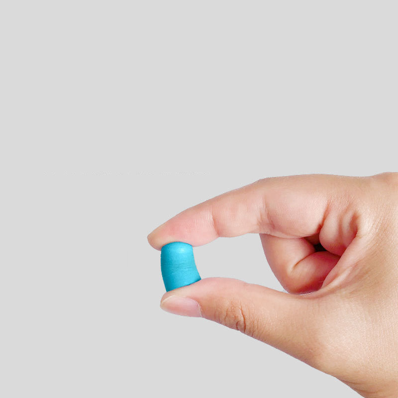 A pair of white silicone ear plugs designed for noise reduction, displayed in a compact storage box.