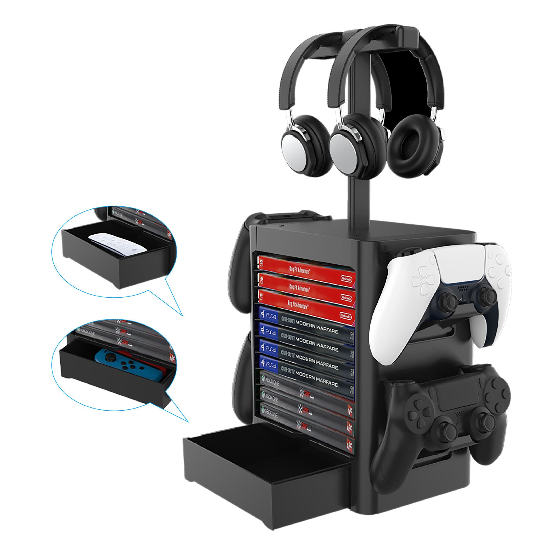 Earphone Handle Host CD Storage Rack showcasing its sleek design and multiple storage options for gaming accessories.