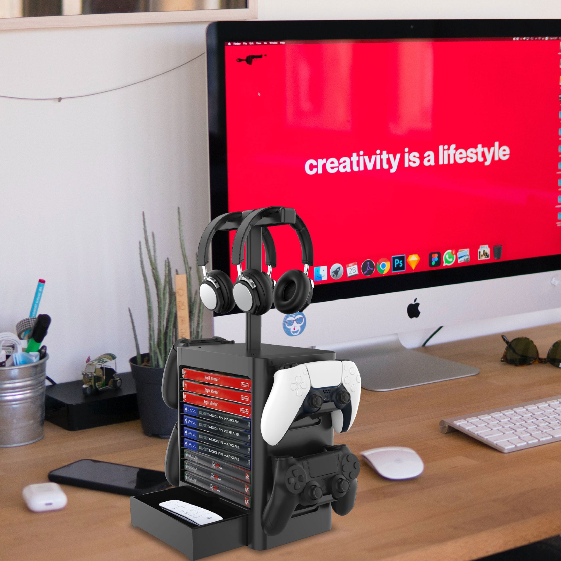 Earphone Handle Host CD Storage Rack showcasing its sleek design and multiple storage options for gaming accessories.