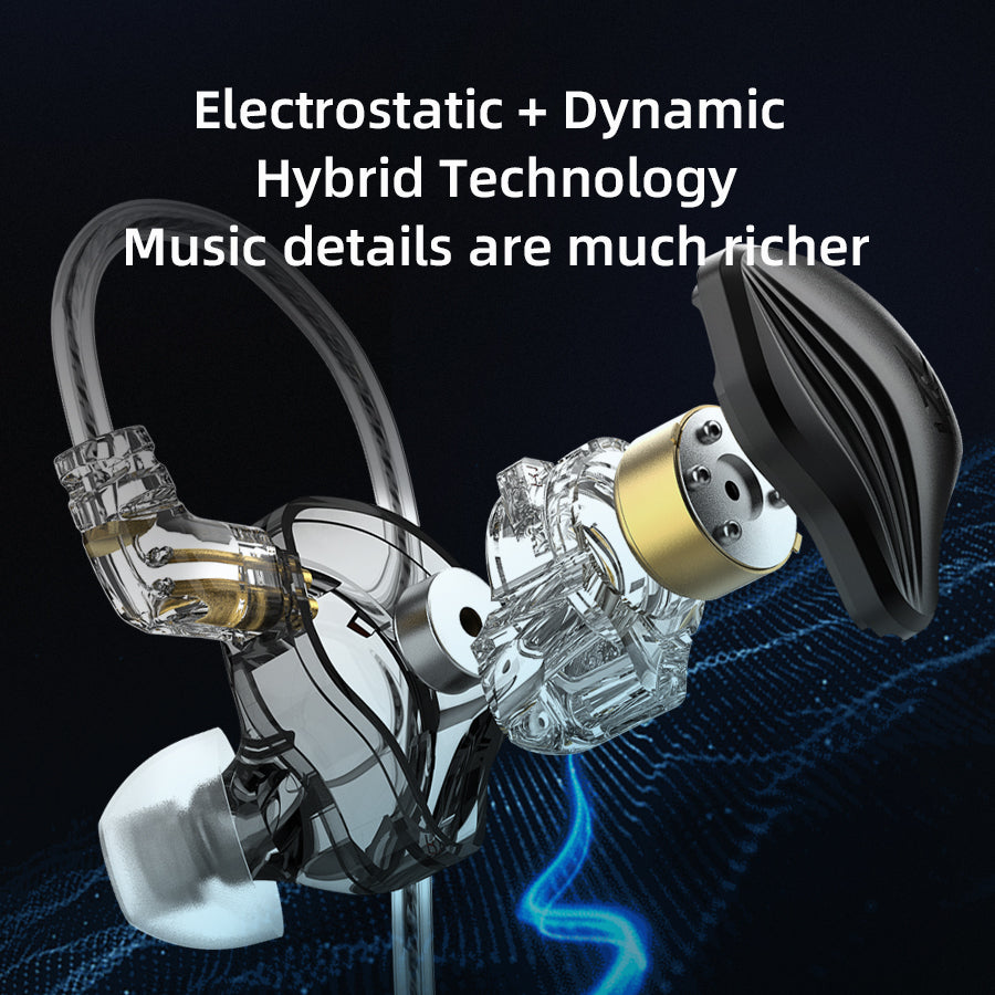 Electrostatic Dual Magnetic HIFI Wired In-ear Earphone with silver-plated wire and silicone ear caps, showcasing its ergonomic design.