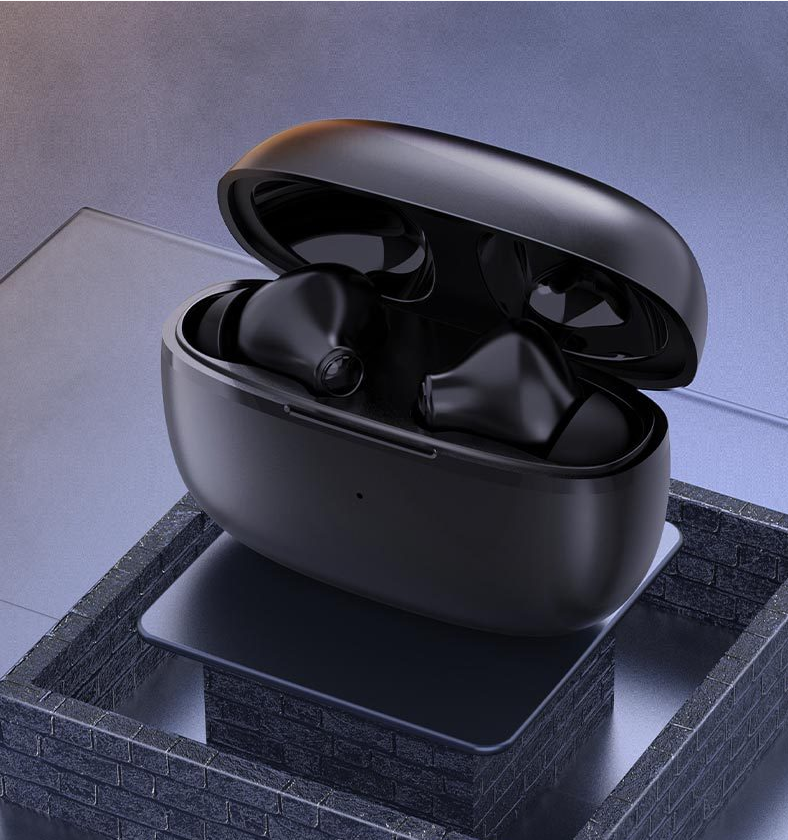 Gaming Noise Reduction In-ear Stereo Wireless Headset in black and white, showcasing sleek design and earplug style for comfort.