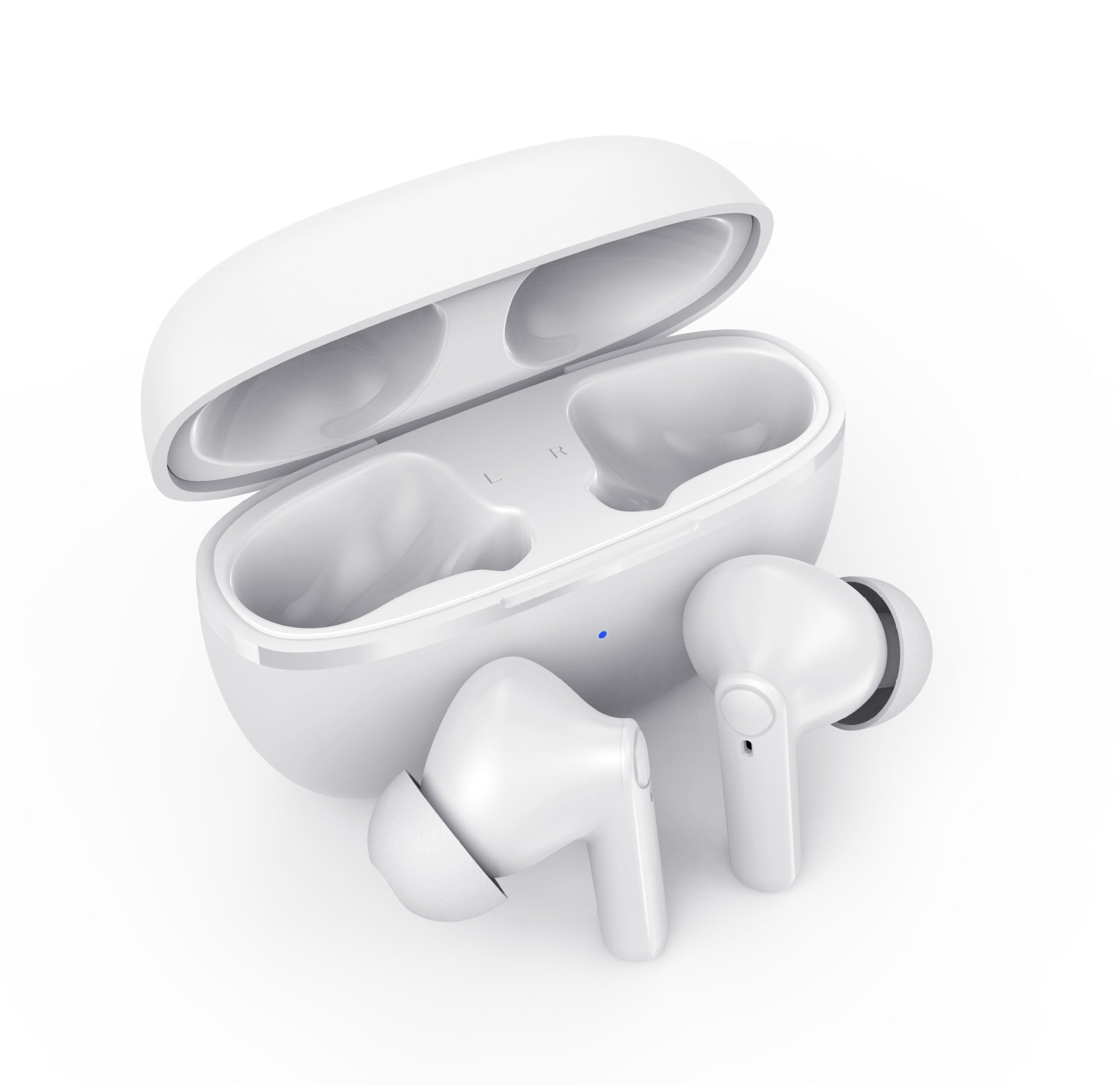 Gaming Noise Reduction In-ear Stereo Wireless Headset in black and white, showcasing sleek design and earplug style for comfort.