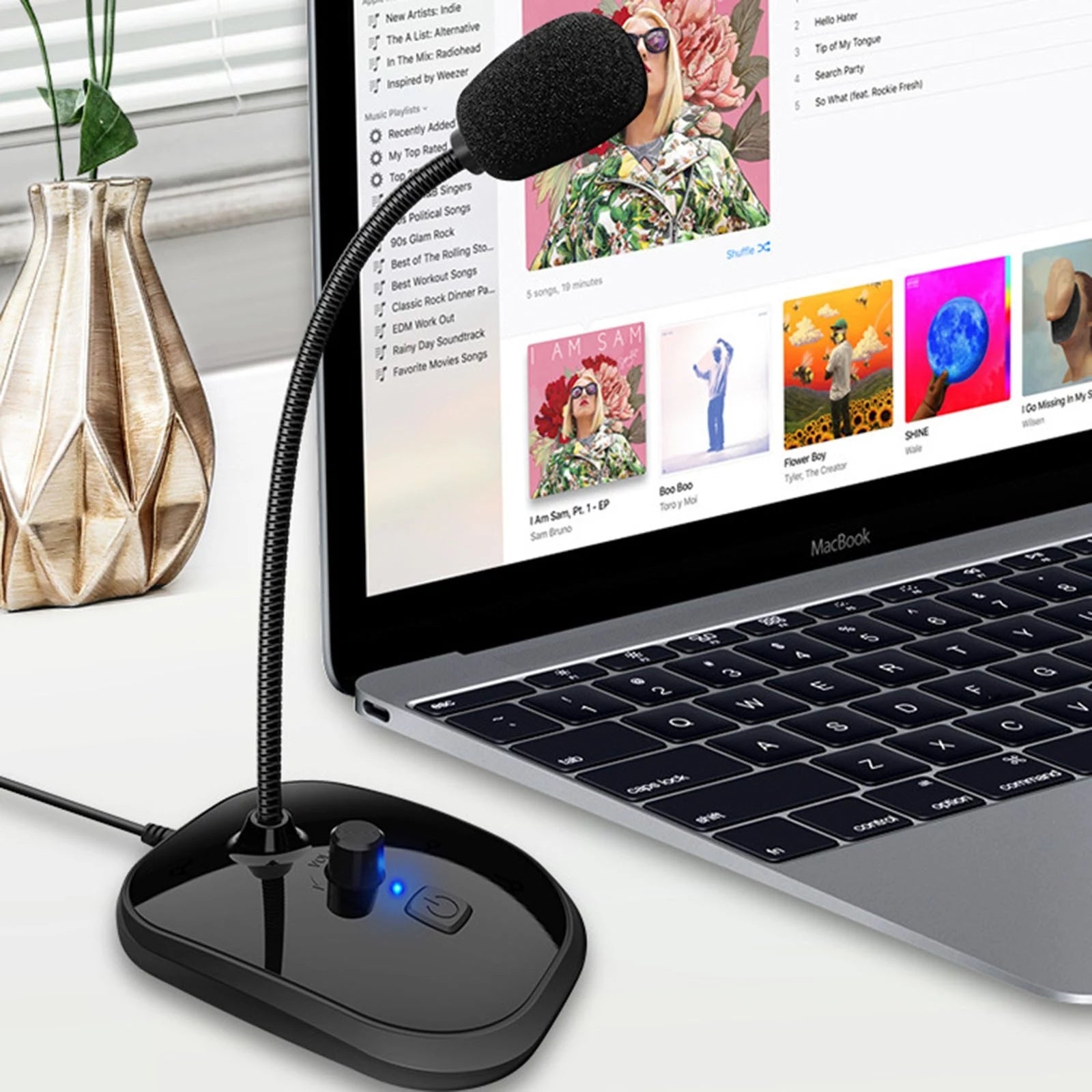 Gooseneck Computer Microphone with USB connection, featuring a sleek black design and flexible neck for optimal positioning.